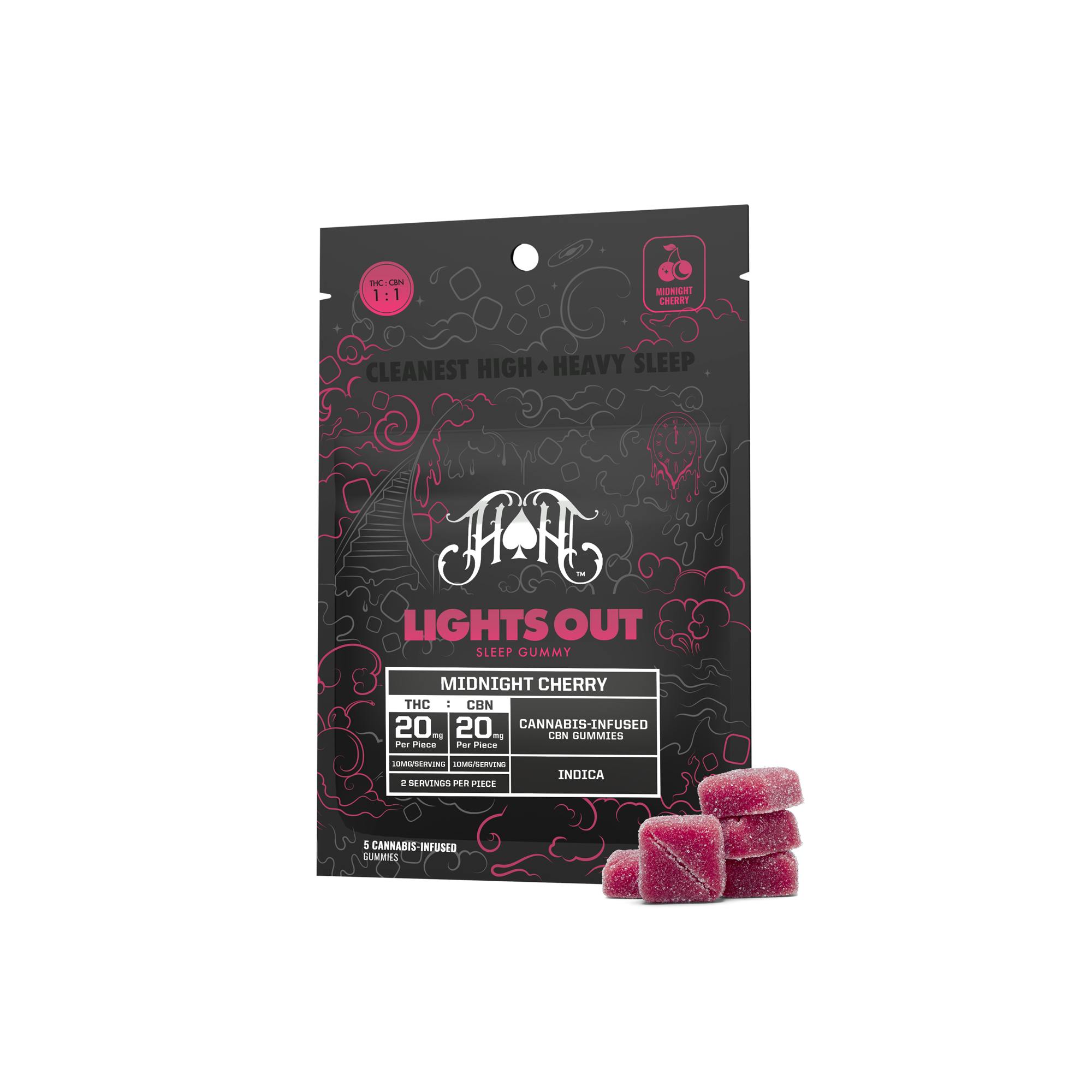 Midnight Cherry Indica - Lights Out CBN Sleep Gummies - 100mg THC 100mg CBN