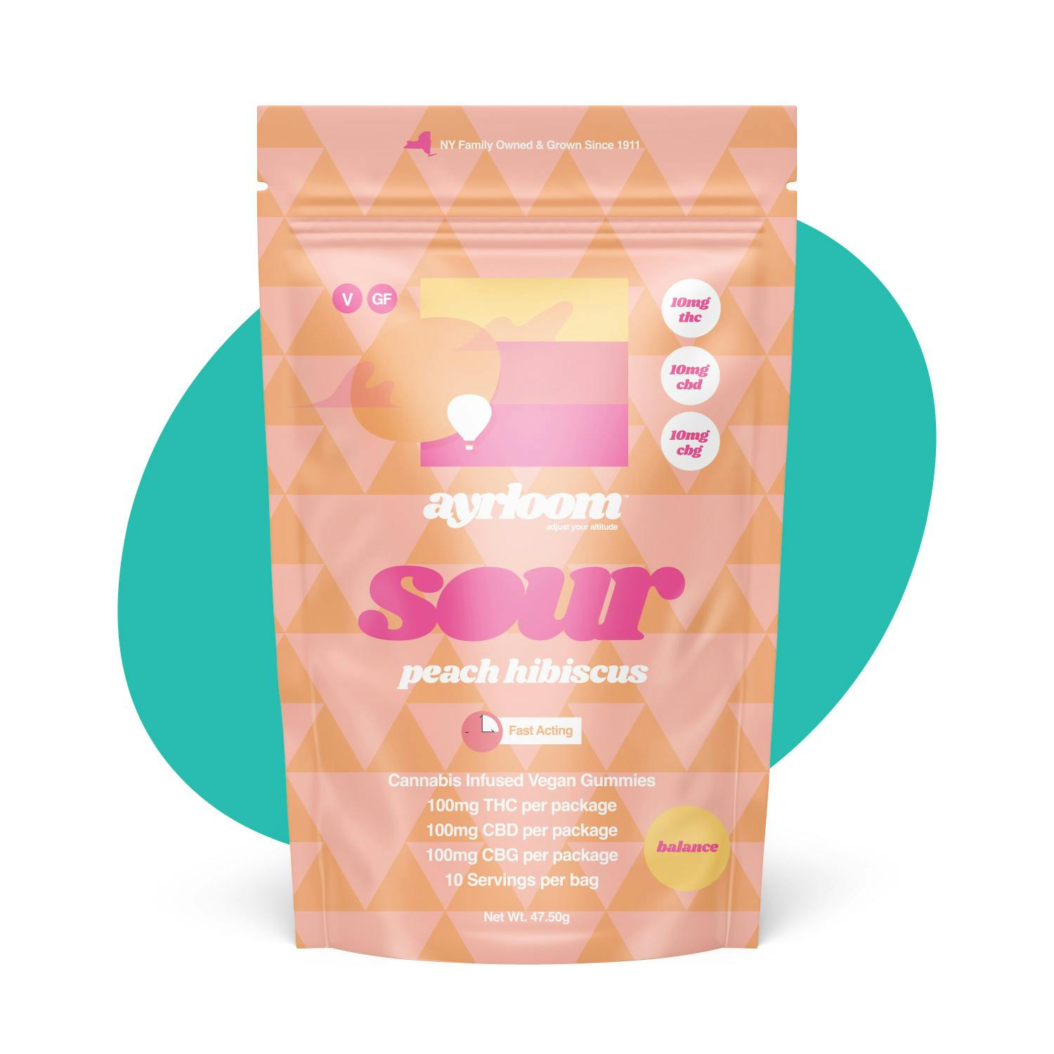 Ayrloom Sour Peach Hibiscus 1:1:1 THC/CBD/CBG 10pk Gummies 100mg - Image 3